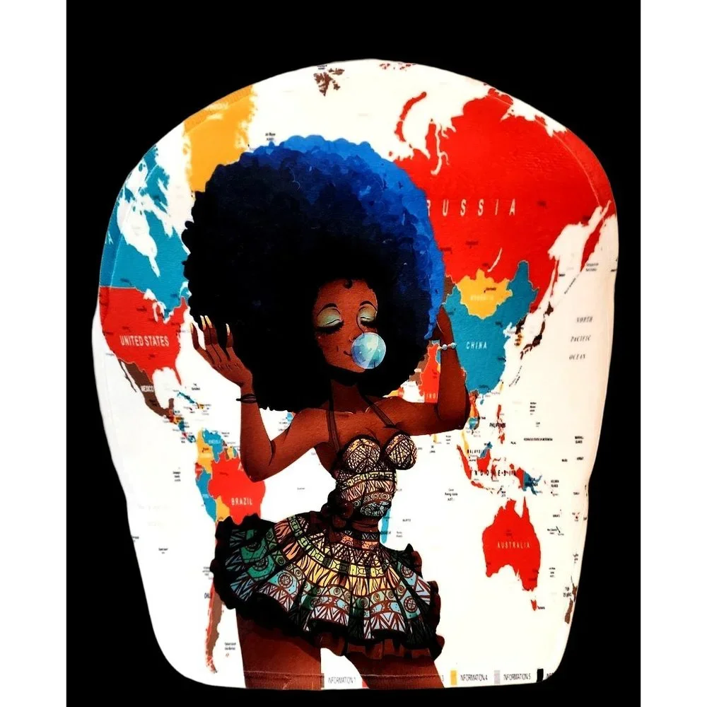 African Woman Blue Afro World Map Graphic Bathroom Decor 3pc Set NEW Unused